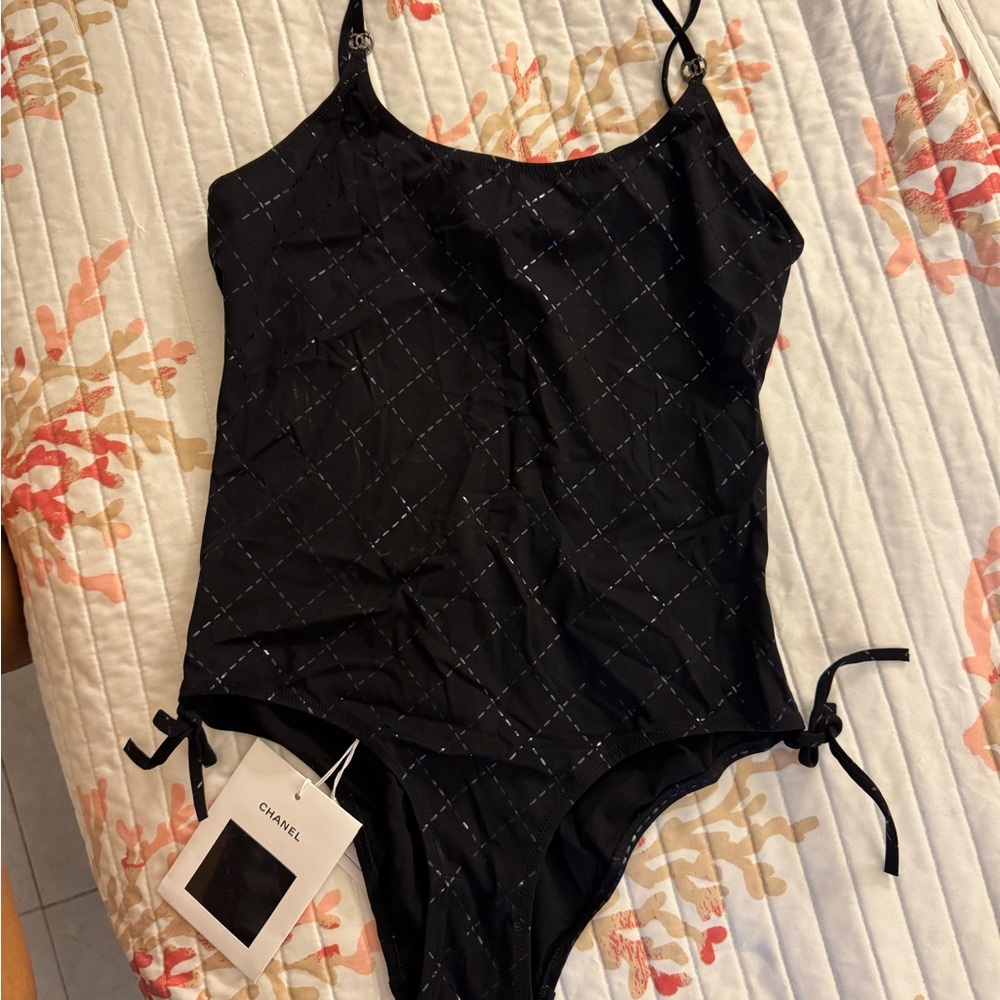NWT Chanel Black One-Piece Swimsuit with adjustable straps and CC logo size 42